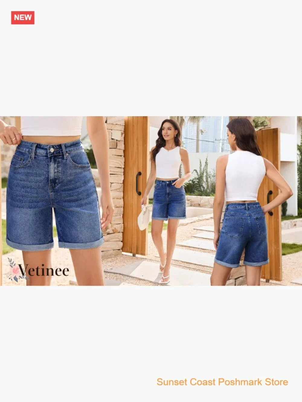 High Waisted Fold Hem Stretchy Denim Shorts 7 Inch Inseam Jorts - Picture 7 of 7